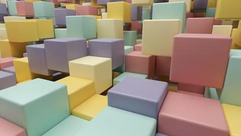 Close up 3D rendering 8K wallpaper background of retro-colored shuffled cubes Stock Illustration