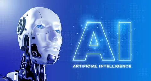 Close-up 3d rendering humanoid robot portraits looking forward, shining hol.. 库存插图