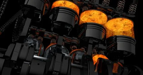Close Up 3D Rendering Of A Working V8 Engine With Explosions Stock Illustration
