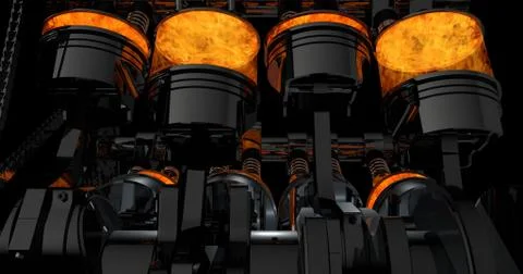 Close Up 3D Rendering Of A Working V8 Engine With Explosions イラスト素材