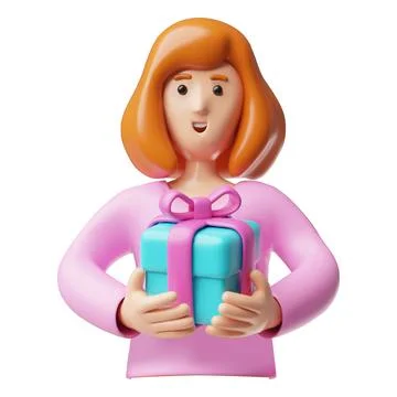 Close-up of a 3D vector female character in a pink sweater holding a gift box Ilustração Stock