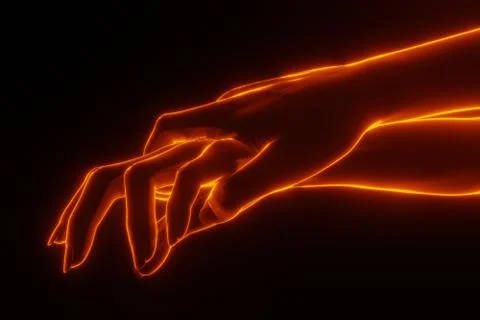 Close up 3D view of grabbing hand with back light fire glowing. Helping, give Ilustração Stock