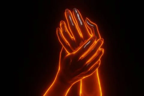 Close up 3D view of hand holding hand raise up with light fire glowing. 3D re Illustrazione stock