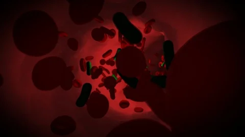 Close up 3d view of streaming blood cells and virus bacteria cellular intake Stock Footage 112674691