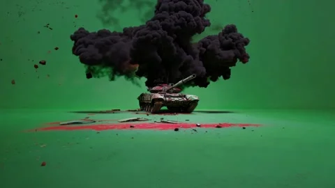 Close up 3D visualisation of Military tank explosion on green screen chroma-key Stock Footage 289724080