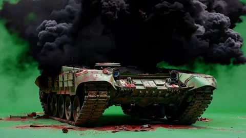 Close up 3D visualisation of Military tank explosion on green screen chroma-key Stock Footage 289724279