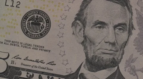 Close up of 5 dollar note, USD panning Stock Footage 40000720