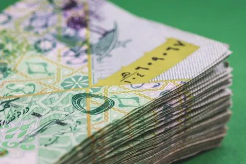 Close up of 5 Qatari Riyal banknote Foto stock