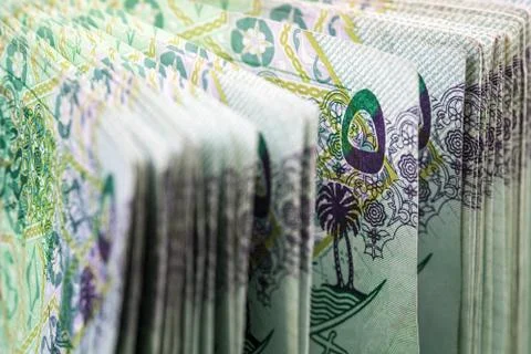 Close up of 5 Qatari Riyal banknote Stock Photos