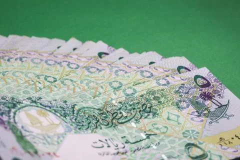 Close up of 5 Qatari Riyal banknote Foto stock