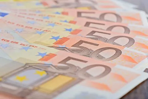 Close-up of 50 Euro banknotes on the table Stock Photos