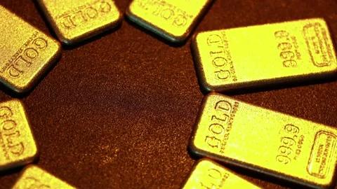 Close-up of 50 Gram Pure Gold Bullion Bars on a Reflective Surface Stock Footage 330200907