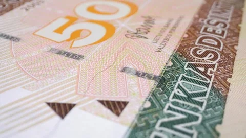A close-up of a 50 Litas banknote, Lithuania currency (1993–2014). Stock Footage 301402197
