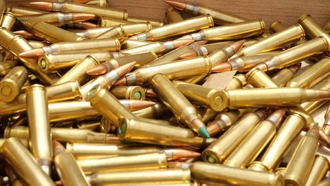 Close up on 5.56mm Bullets ammunition Stock Footage 119682323