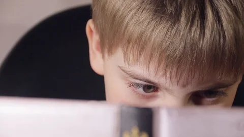 Close up of 7 year old caucasian white boy reading a children's book, holding bo Stock Footage 87246504