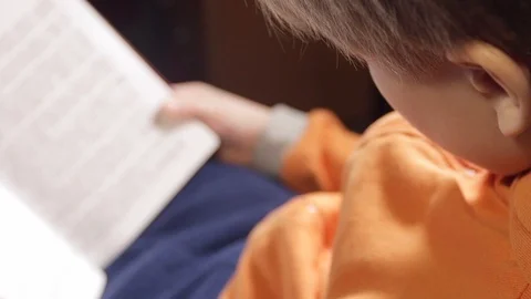 Close up of 7 year old caucasian white boy reading a children's book, holding bo Stock Footage 87246683