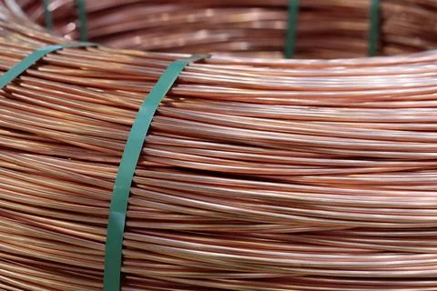 Close up of 8 mm copper wire rod in coil Stock Photos