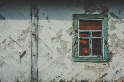 Close up abandoned building with flaky plaster walls concept photo Stock Photos