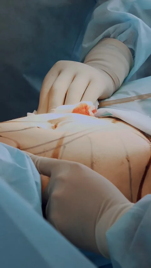 Close-up. abdominal liposuction. surgery. the surgeon pumps out the fat through Stock-Footage 316891050