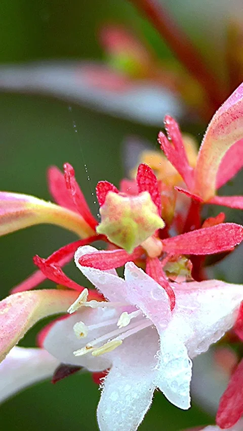 Close-up of Abelia Flowers and Buds with Raindrops in Early Morning, 4K, Vertica Video stock 339069767