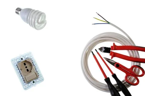 Close up from above of work tools and components for electrical installations 스톡 사진