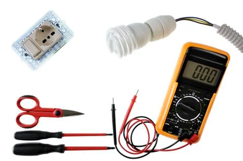 Close up from above of work tools and components for electrical installations Stock-Fotos