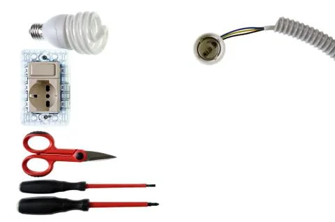 Close up from above of work tools and components for electrical installations Stock Photos