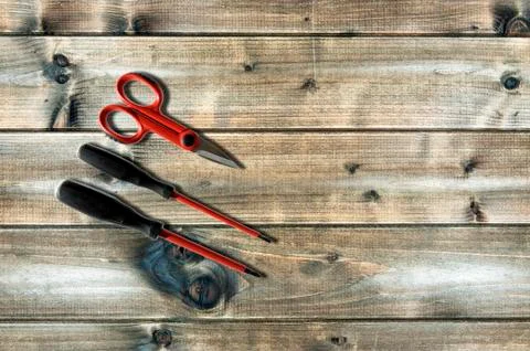 Close up from above of work tools on electrical installations, on an antique  Stock Photos