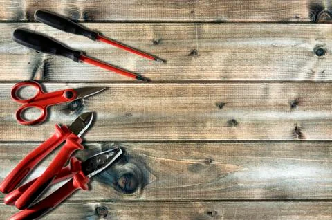 Close up from above of work tools on electrical installations, on an antique  Foto stock