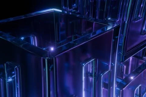 Close-up on an abstract array of polished, geometric cubes and frames, glow.. 스톡 일러스트