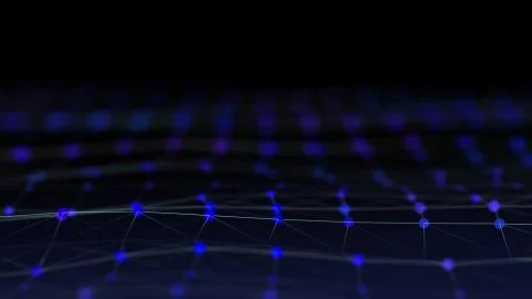 Close up of abstract bridge contraction structure out of shiny dpts and lines. Illustrazione stock