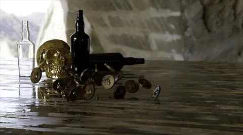 Close up of abstract bronze skull on a table with empty bottles of beer and Stock Illustration