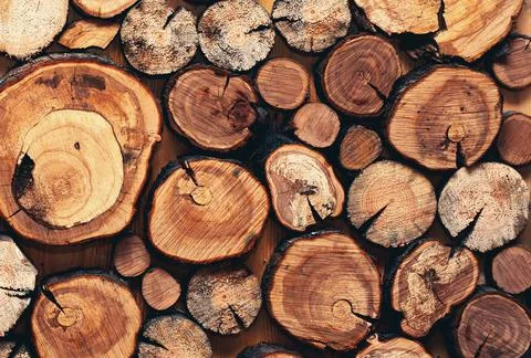 Close up abstract creative composition stacked a wooden sawn logs background Stock Photos