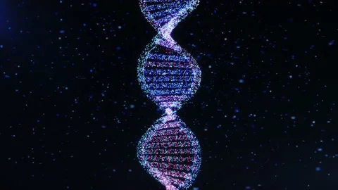 Close up abstract glittering DNA double helix with depth of field animation of Stock Footage 139594427