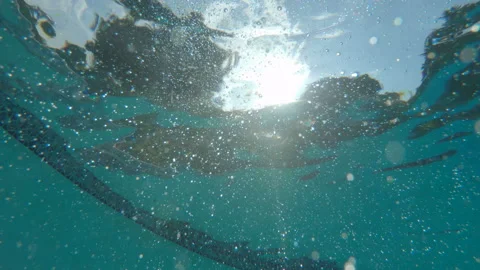 Close up Abstract Underwater View of Bubbles Rising up in Sunny Blue Water Video stock 208770140