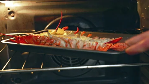 Close-up of adding in the oven a pan with marinated lobster for grilling in 4K. Stock Footage 146343871