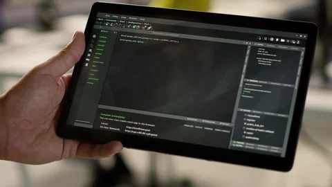 Close up of admin in office sing tablet to design machine learning algorithms Stock-Footage 318159614
