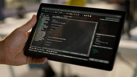 Close up of admin in office sing tablet to design machine learning algorithms Foto stock