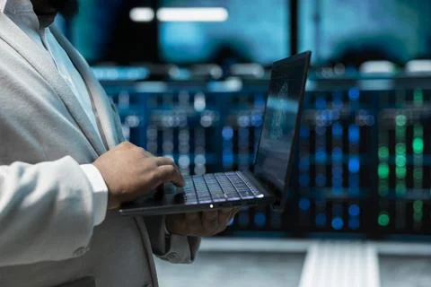 Close up of admin programming in AI data center 스톡 사진