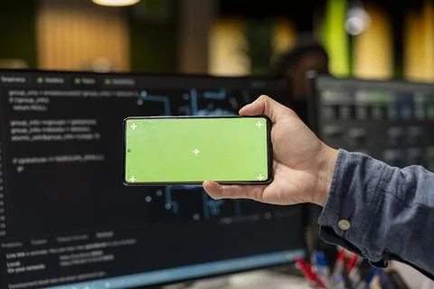 Close up of admin using isolated screen smartphone, debugging software issues 写真素材
