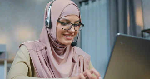 Close up of adorable smiling confident young arabic woman in hijab which wears Stock Footage 150164638