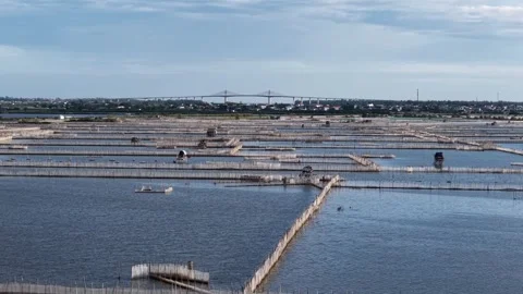 Close aerial of aquaculture net frames on lagoon 4K Stock Footage 339861779