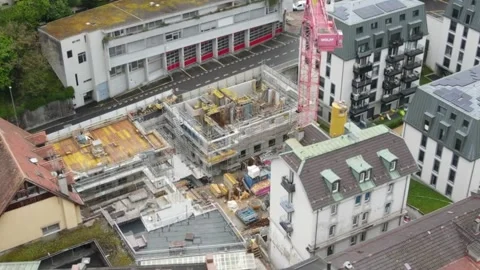 Close aerial circular drone view of construction site Montreux Switzerland Stockbeeldmateriaal 332611388