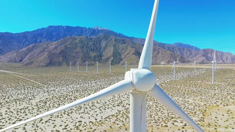 Close aerial drone view of stopped wind turbine in Palm Springs desert  库存影片 334640976
