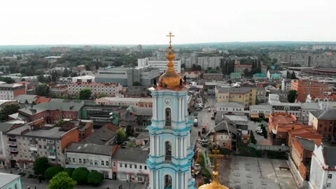 Close aerial drone view of the Transfiguration Cathedral in Sumy, Ukraine Stock Footage 332712804