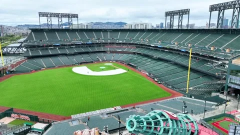Close up aerial Oracle Park Coca Cola Slide boom up to players in baseball field Stock Footage 246977853