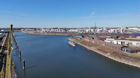 Close aerial pass by crane over vast harbor basin Stock Footage 331896214
