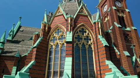 Close-Up Aerial Revealing Gothic Facade Details Oscar Fredriks Kyrka Gothenburg Stock Footage 332597902