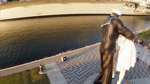 Close aerial rotation around Unconditional Surrender WWII Commemorative Stock Footage 98307872