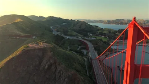 Close Aerial Sunset View Of Golden Gate Bridge Tower With Coastal Hills Stock Footage 339065452